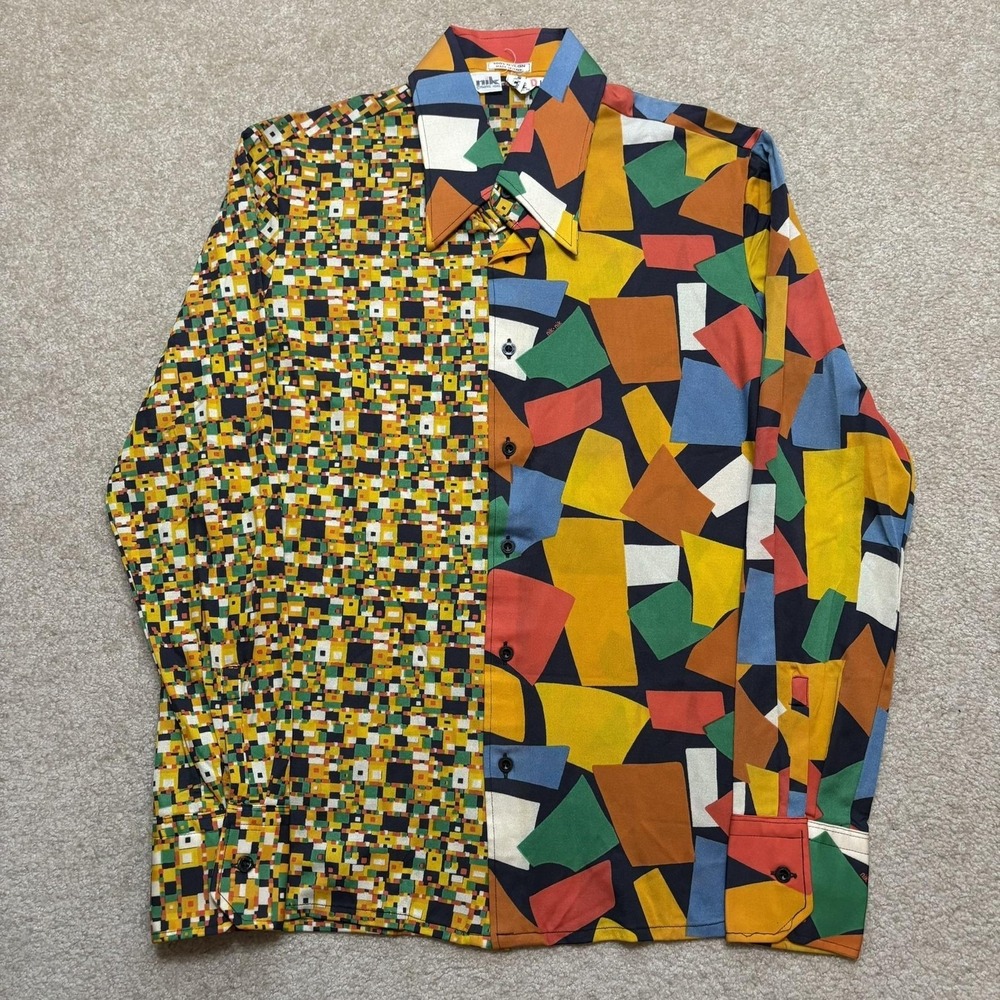Vtg 70s Nik Nik Disco Shirt Large Multicolor Nylon Abstract Geometric LS Italy